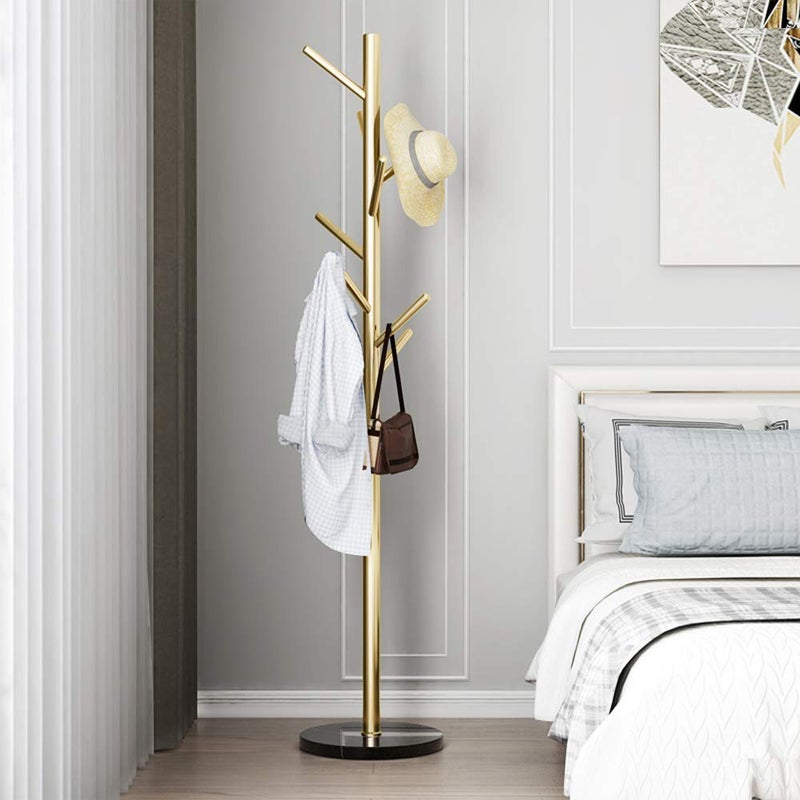 Jolitac Metal Coat Rack Stand Golden Satin Steel Finish Stable Marble Base, High-Grade with Hooks Metal Tree Hat & Coat Hanger Floor Free Standing Wall Bedroom Easy Assembly (Golden) - Image 2